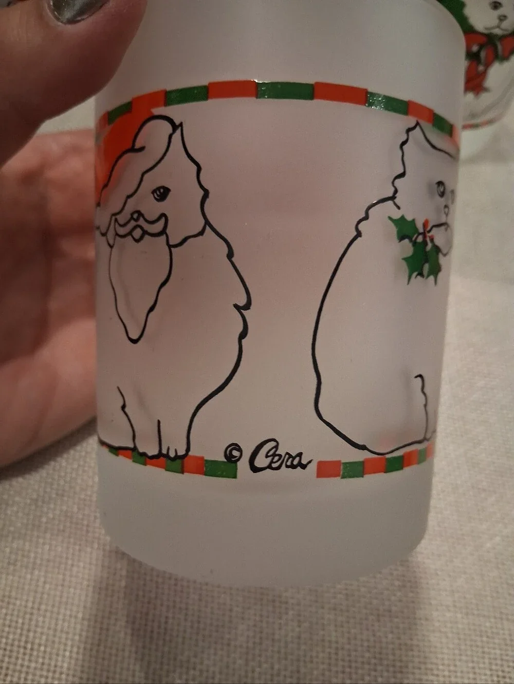 Vintage Holiday Cat Frosted Glass Drink Set